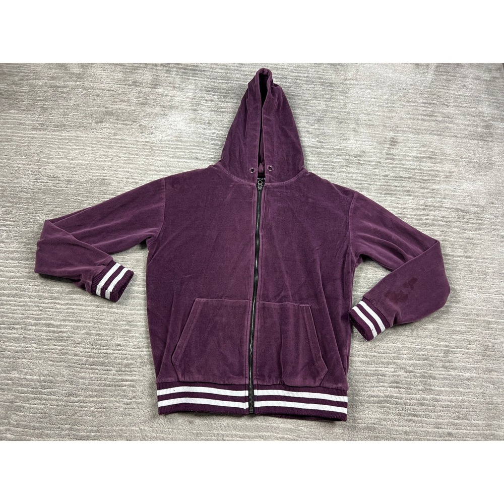 Mono B Hoodie Women Small Purple Velour Zip Up Varsity Striped Trim Athleisure